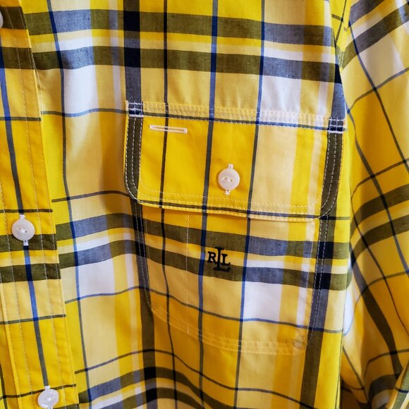 Lauren Ralph Lauren Yellow Blue Plaid Roll Tab Sleeve Button Up Blouse Large - Picture 6 of 14